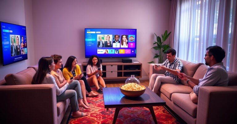 A cozy living room with a sleek Vizio TV displaying a vibrant casting interface. A cheerful family gathers around, using smartphones to connect. Soft lighting highlights a stylish couch, a bowl of popcorn on the coffee table, and a colorful rug underfoot, creating a warm, inviting atmosphere filled with excitement and technology.