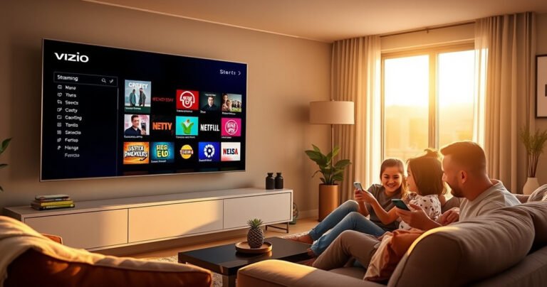 A cozy living room with a sleek Vizio TV displaying vibrant smart streaming menus. A family gathers on a plush sofa, smiling while using smartphones to connect with the TV. Soft evening light streams through a window, casting a warm glow on modern decor, highlighting a blend of technology and comfort.