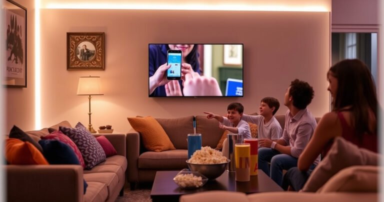 A cozy living room with a sleek Vizio TV displaying a vibrant screen mirroring a smartphone. Soft, ambient lighting surrounds the space, highlighting a plush couch with colorful cushions. A family happily gathers, pointing at the screen, while popcorn and drinks rest on a stylish coffee table, exuding a warm, inviting atmosphere of connection and technology.