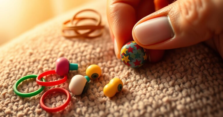 A close-up of colorful, stylish earbuds resting on a cozy, textured surface, surrounded by small household items like hair ties and foam pads, with a hand gently adjusting an earbud in a fashionably decorated ear, bathed in warm, inviting light, conveying a sense of comfort and practicality in everyday life.