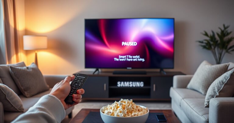 A cozy living room with a Samsung Smart TV displaying a paused screen, vibrant subtitles fading away, a remote control in a hand reaching toward the screen, soft ambient lighting illuminating plush furniture, and a bowl of popcorn on a coffee table, evoking a sense of relaxation and focus on navigating technology.