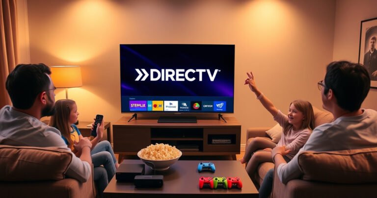 A cozy living room featuring a large smart TV displaying the DIRECTV logo, surrounded by a plush sofa, soft throw pillows, and a bowl of popcorn. Warm lighting creates an inviting atmosphere, while a family gathers excitedly, remote in hand, ready for movie night. A sleek console beneath the TV showcases streaming devices and colorful game controllers.