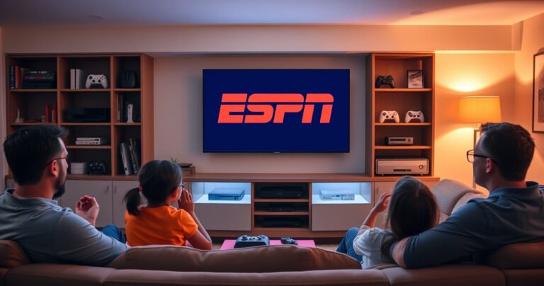 A cozy living room scene featuring a modern smart TV displaying the ESPN logo, surrounded by a family excitedly gathering on a plush couch. Bright colors highlight a sleek entertainment center filled with gaming consoles and streaming devices, while a warm glow from a nearby lamp creates an inviting atmosphere perfect for watching sports.