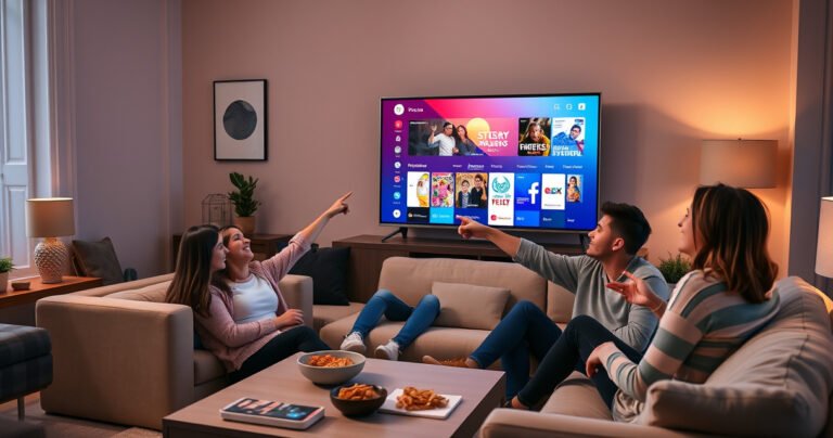 A cozy living room with a sleek smart TV displaying a vibrant smartphone interface, a family gathered on a plush couch, excitedly pointing at the screen, soft ambient lighting, modern decor, a coffee table with snacks, and a warm, inviting atmosphere that captures the joy of streaming content together.