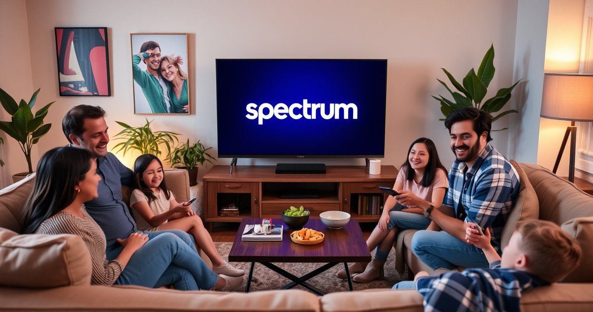 A cozy living room featuring a modern smart TV displaying the Spectrum logo, surrounded by a comfortable couch, warm lighting, and a coffee table with snacks. A family is gathered, smiling while holding remote controls, with a backdrop of vibrant wall art and indoor plants, creating a welcoming atmosphere of tech-savvy relaxation.