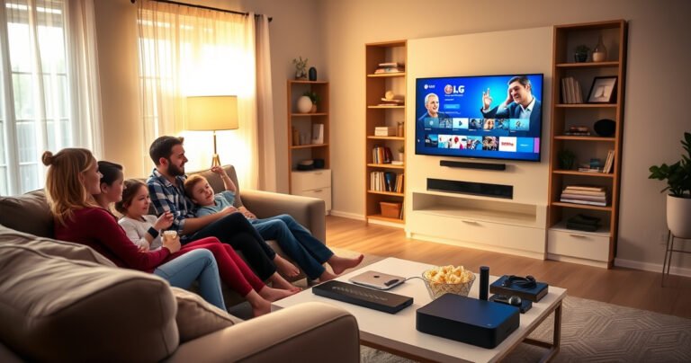 A cozy living room featuring an LG Smart TV displaying vibrant streaming content, a family gathered on a comfortable couch with popcorn, warm lighting casting a welcoming glow, tech gadgets on a modern coffee table, and a stylish bookshelf in the background, creating an inviting atmosphere for home entertainment and seamless tech integration.