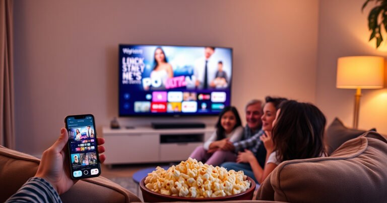 A cozy living room with a sleek smart TV displaying a vibrant streaming interface, a smartphone casting content beside it. Soft, warm lighting enhances the inviting atmosphere, with a plush couch and a bowl of popcorn in the foreground. A family engages joyfully, showcasing the seamless connection between devices for a perfect movie night experience.