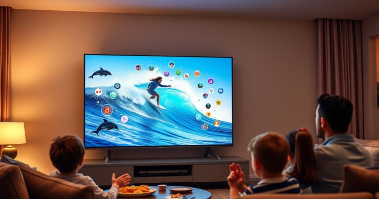 A sleek Samsung Smart TV displaying a vibrant ocean wave surf scene, with a person surfing on a digital wave made of colorful app icons, surrounded by playful dolphins. The living room is cozy, filled with soft lighting, snacks, and a family eagerly watching, creating a lively and engaging atmosphere of modern technology and fun.