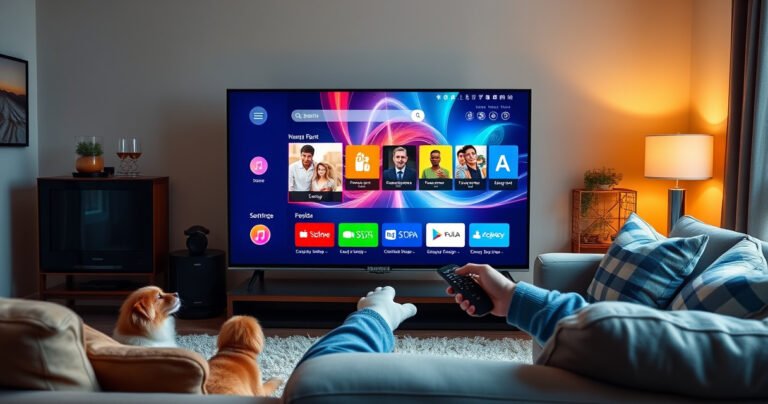 A sleek Samsung Smart TV displaying a vibrant, dynamic web interface, with colorful icons and a user navigating effortlessly using a remote. Surrounding the TV, a cozy living room with soft lighting, plush couches, and playful pets, illustrating a modern, tech-savvy lifestyle. Bright colors and engaging visuals evoke a sense of exploration and connectivity.