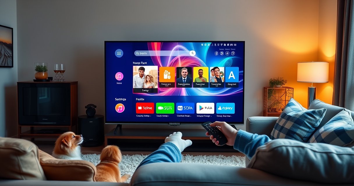 A sleek Samsung Smart TV displaying a vibrant, dynamic web interface, with colorful icons and a user navigating effortlessly using a remote. Surrounding the TV, a cozy living room with soft lighting, plush couches, and playful pets, illustrating a modern, tech-savvy lifestyle. Bright colors and engaging visuals evoke a sense of exploration and connectivity.