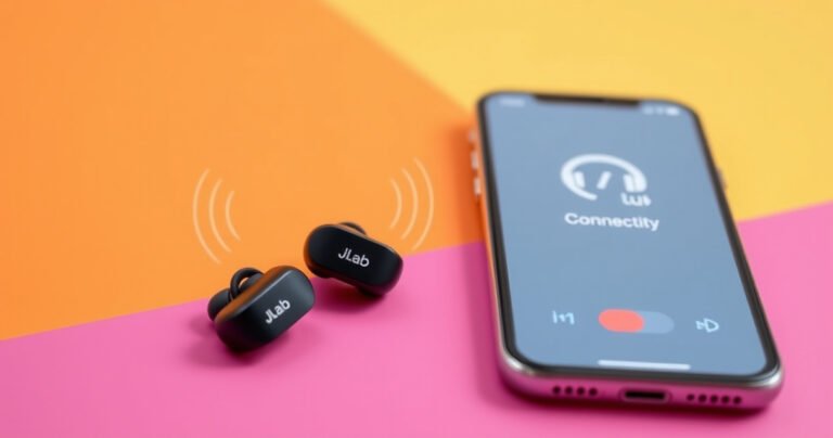 A close-up of sleek JLab earbuds on a vibrant, modern background, with sound waves visually emanating from them. One earbud is highlighted in mid-sync, glowing softly, while a smartphone displays a clear connectivity screen. Bright colors contrast with a minimalist design, evoking a sense of technology and ease in syncing audio devices.