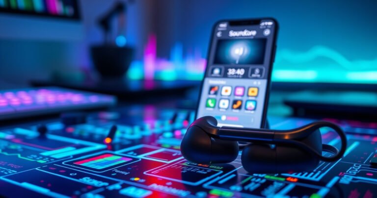 A close-up of sleek Soundcore earbuds resting on a vibrant, illuminated tech workspace, with colorful soundwave graphics swirling around them. In the background, a glowing smartphone displays the Soundcore app interface, while soft blue and green lights accentuate the modern, high-tech atmosphere, inviting viewers to explore the world of seamless connectivity.