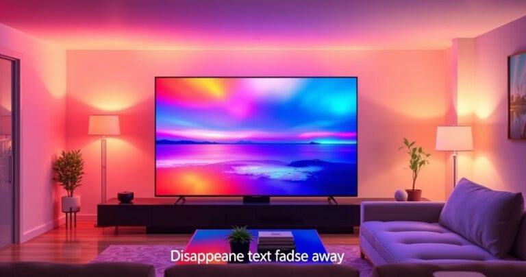 A sleek Samsung Smart TV displaying a serene living room scene, vibrant colors illuminating the space, while a subtle overlay of disappearing text captions fades away. The room features a plush sofa, a stylish coffee table, and soft ambient lighting, embodying modern comfort and tranquility, inviting viewers to relax and enjoy their favorite shows without distractions.