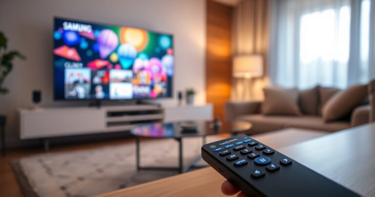 A serene living room with a sleek Samsung Smart TV displaying vibrant, colorful content, while a cozy couch and soft lighting create an inviting atmosphere. In the foreground, a user-friendly remote control lies open, with an illuminated screen showcasing the closed caption option, symbolizing ease and clarity in technology usage.