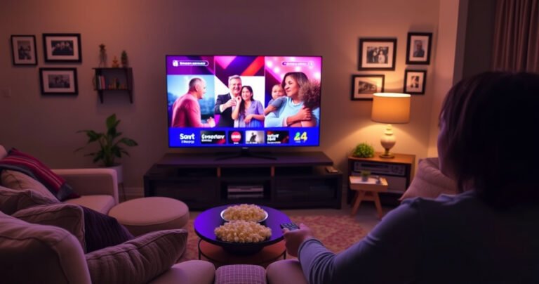 A cozy living room with a Samsung Smart TV displaying vibrant, colorful content without subtitles, surrounded by plush sofas, warm lighting, and a bowl of popcorn. A person with a remote in hand looks satisfied, while the wall is adorned with framed family photos, creating a welcoming atmosphere for movie nights.