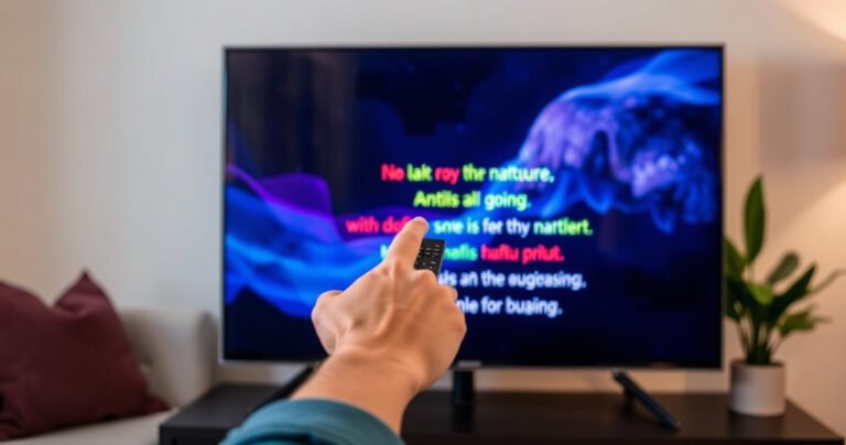 A close-up of a Samsung Smart TV screen displaying vibrant, colorful subtitles on a nature documentary, with a hand reaching towards the screen to press a button on the remote. The background features a cozy living room setting with soft lighting, showcasing a comfortable couch and a decorative plant, evoking a sense of home and technology.