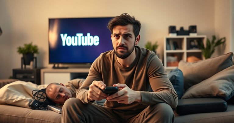 A frustrated person sitting on a couch, remote in hand, surrounded by a clutter of smart devices, with a large TV screen displaying the YouTube logo in the background. Soft living room lighting casts a warm glow, emphasizing the sense of urgency and determination on the person's face as they navigate the complexities of modern technology.