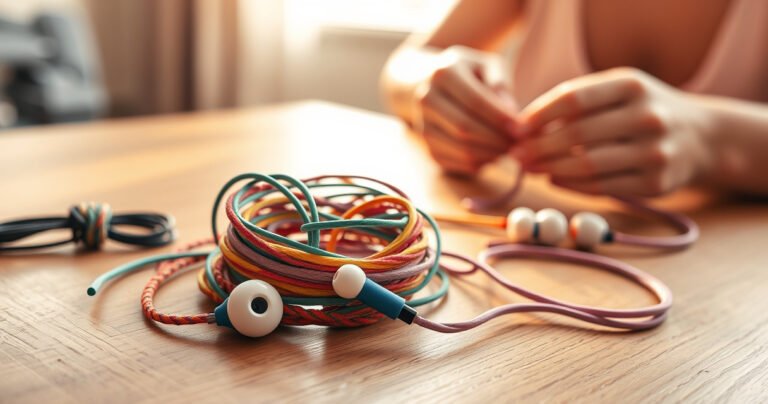 A neatly coiled pair of vibrant earphones resting on a wooden surface, with colorful, intricate knots artfully displayed around them. Nearby, a pair of hands skillfully demonstrating the tying technique, surrounded by a soft, inviting atmosphere with warm sunlight streaming in, highlighting the textures and colors, creating a sense of calm and focus.