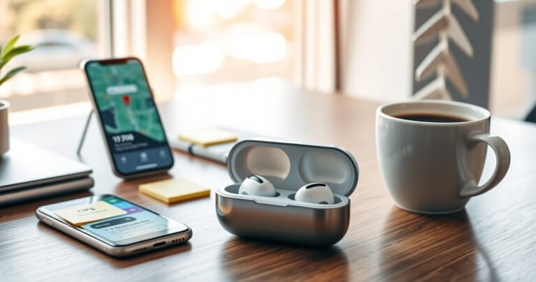 A bright, modern workspace featuring a stylish, sleek earbuds case on a wooden desk, surrounded by tracking devices like a smartphone displaying a location map, sticky notes with tips, and a steaming cup of coffee, with soft, natural light streaming in from a nearby window, creating an inviting and tech-savvy atmosphere.