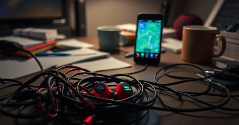 A pair of vibrant JBL earbuds nestled among tangled charging cables on a cluttered desk, glowing softly in a dimly lit room. In the background, a sleek smartphone displays a tracking app interface, with a map pinpointing the earbuds' location, surrounded by scattered notes and a coffee mug, evoking a sense of urgency and discovery.