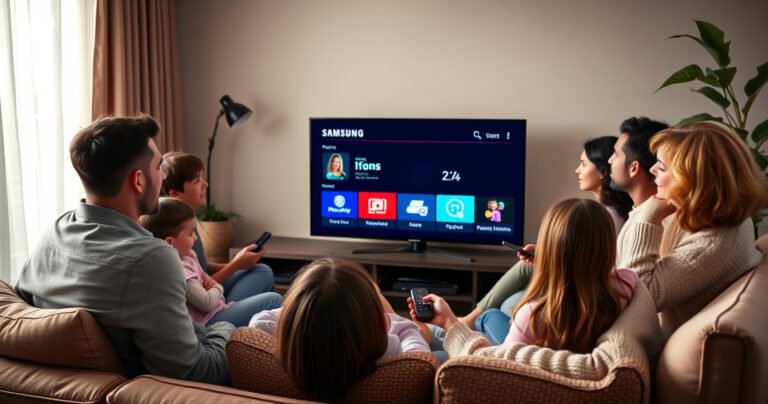 A cozy living room with a sleek Samsung Smart TV displaying vibrant on-screen text options. A diverse family gathers around the TV, engaged in conversation, with a remote control in hand. Soft lighting highlights a comfortable sofa and decorative pillows, creating an inviting atmosphere. Captivating visuals of tech-savvy modern life blend with a sense of togetherness.