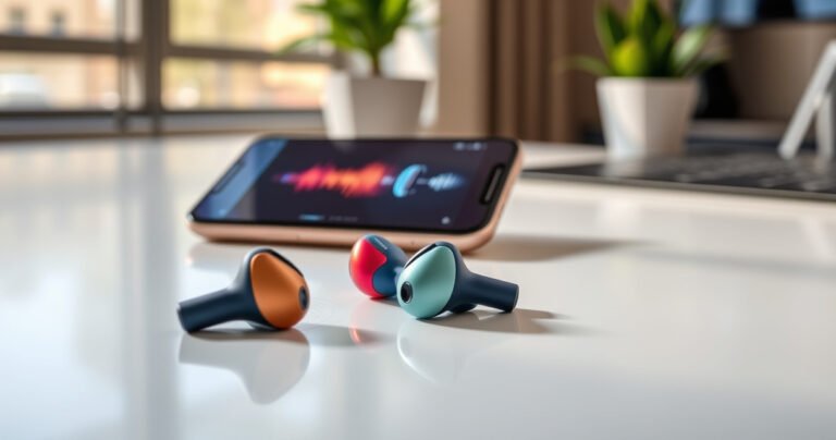 A close-up of colorful wireless earbuds resting on a sleek, modern desk, with vibrant sound waves visually emanating from them, surrounded by a smartphone displaying a connectivity screen, soft natural light filtering in from a nearby window, creating an inviting and tech-savvy atmosphere, perfect for a tutorial on activating earbuds.
