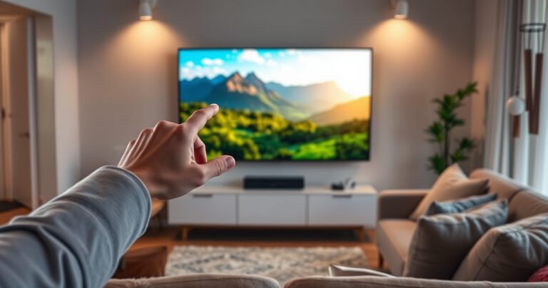 A cozy living room with a modern LG Smart TV displaying a vibrant, scenic nature image, while a hand reaches out to press a remote button, creating a sense of focus. Soft lighting highlights plush furniture and a warm atmosphere, inviting viewers to relax and enjoy their entertainment without distractions.