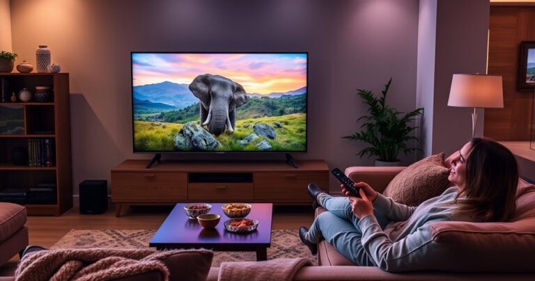 A cozy living room with a sleek Samsung Smart TV displaying a vibrant, caption-free scene from a nature documentary. Soft ambient lighting highlights a plush sofa and a coffee table with snacks, while a person relaxes, remote in hand, looking content. The atmosphere conveys a sense of tranquility and enjoyment in watching without distractions.