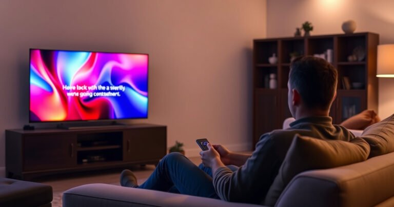 A cozy living room featuring a sleek Samsung Smart TV displaying vibrant colors, with a person comfortably seated on a couch, remote in hand, looking contemplative. Soft lighting highlights a stylish decor, while a subtle hint of closed captions appears on the screen, inviting a sense of ease and technology in harmony with home life.