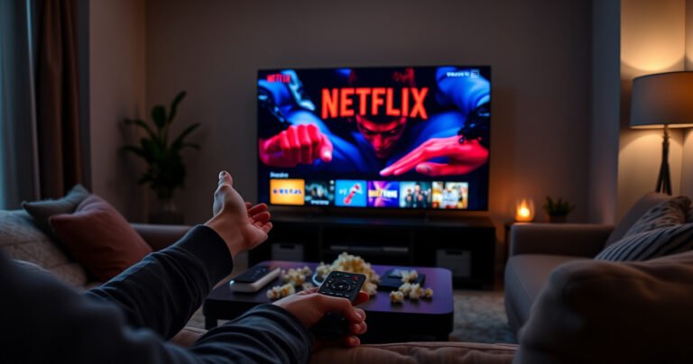A cozy living room with a large smart TV displaying vibrant Netflix graphics, a remote control resting on a plush sofa, popcorn scattered on the table, and dimmed lights creating an inviting atmosphere. A person is playfully reaching for the remote, with captions faintly glowing on the screen, capturing a moment of digital interaction.