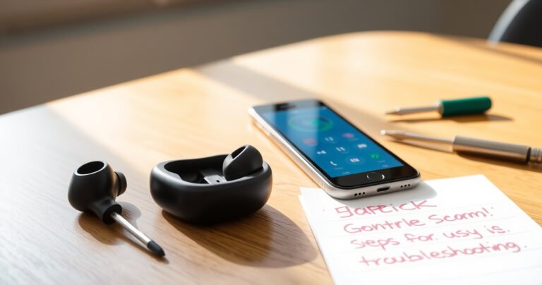 A pair of modern wireless earbuds resting on a sleek wooden table, one earbud slightly open to reveal its inner components. Surrounding the earbuds are scattered tech tools like a small screwdriver, a smartphone displaying an earbud control app, and a notepad with quick troubleshooting steps written in bold, colorful lettering. Natural light streams in from a nearby window.