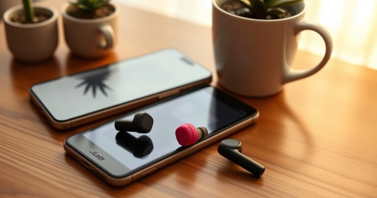 A close-up of sleek, modern JLab Go Air earbuds resting on a wooden table, with a soft, warm light illuminating their vibrant colors. Beside them, an open smartphone displays a simplified graphic tutorial on turning them off, surrounded by cozy home elements like a steaming coffee mug and a potted plant.