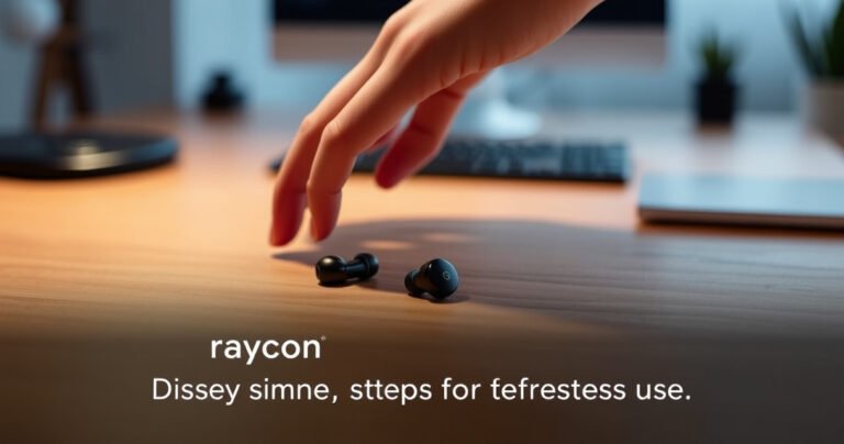 An elegant pair of Raycon Everyday Earbuds resting on a sleek, modern wooden desk, surrounded by soft ambient lighting. A hand gently reaches towards the earbuds, with a blurred background of a cozy workspace. The scene conveys a sense of tranquility and ease, inviting viewers to discover simple, quick steps for effortless use.