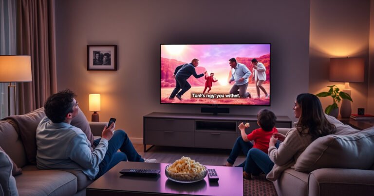 A cozy living room scene featuring a sleek Samsung Smart TV displaying a vibrant movie scene without subtitles, while a family relaxes on a plush sofa, popcorn in hand. Soft ambient lighting casts a warm glow, with a stylish coffee table adorned with remote controls, emphasizing the joy of uninterrupted viewing.
