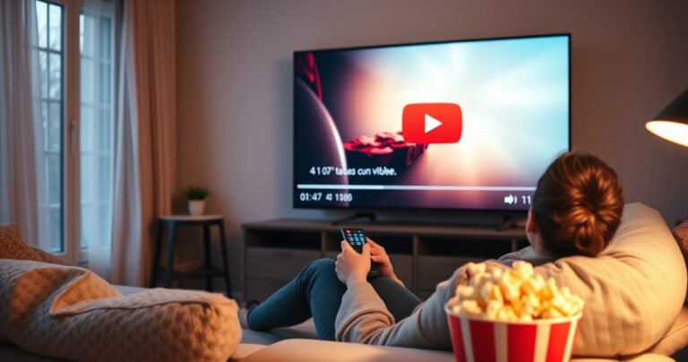 A cozy living room with a modern smart TV displaying a paused YouTube video, large subtitles fading away. A person relaxes on a plush couch, remote control in hand, surrounded by warm lighting and soft pillows, while a bowl of popcorn sits on a nearby table, evoking a sense of casual entertainment and tech-savvy comfort.