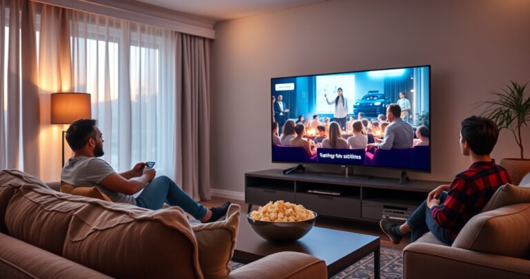 A cozy living room featuring a modern Samsung Smart TV displaying a vibrant movie scene without subtitles, a remote control resting on a plush sofa, soft ambient lighting casting a warm glow, family members enjoying the moment, popcorn bowl on a coffee table, and a gentle evening glow filtering through the curtains.