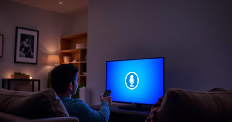 A sleek Samsung Smart TV with a glowing blue screen displaying a voice command icon, surrounded by a cozy living room setting. A person sits on a plush couch, remote in hand, looking thoughtfully at the TV as soft ambient lighting casts a warm glow, creating a serene atmosphere of home entertainment.