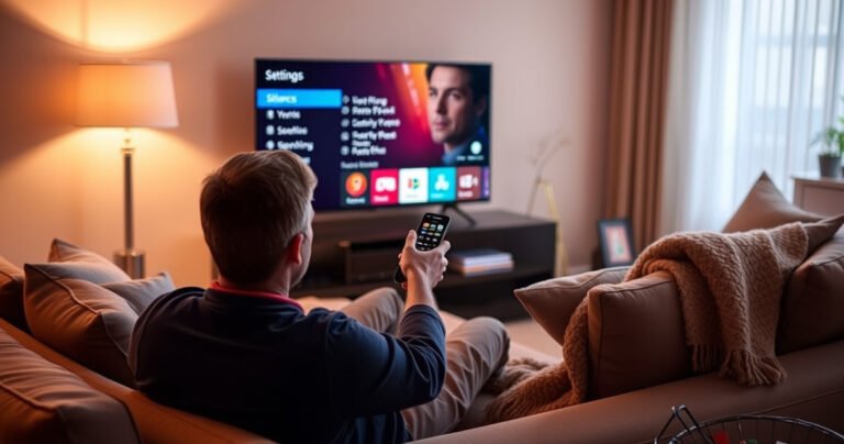 A person sitting on a cozy couch, intently focused on a sleek Samsung Smart TV, their hand hovering over a remote control. The living room is warmly lit, with plush cushions and a soft throw blanket, while the TV screen displays a colorful settings menu, emphasizing the option to silence the voice feature.