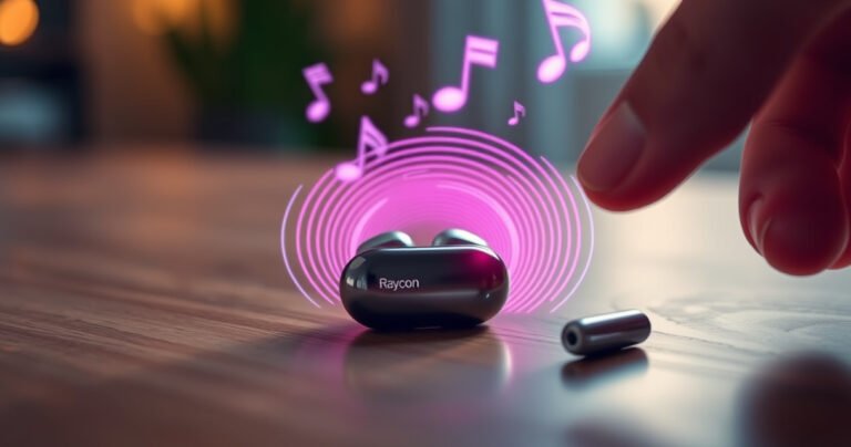 A close-up of sleek, modern Raycon earbuds resting on a wooden table, surrounded by vibrant sound waves visually emanating from them. Soft, warm lighting highlights their glossy finish, while a hand hovers nearby, poised to press the power button. The background features blurred music notes dancing in the air, symbolizing sound and connectivity.