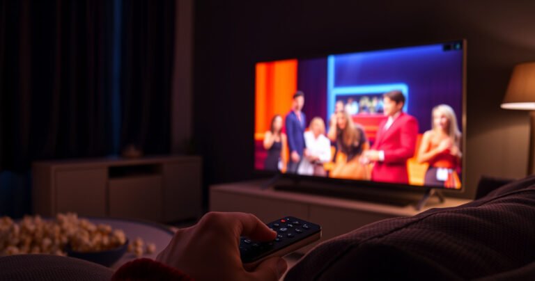 A sleek Samsung Smart TV glowing in a dark living room, its screen displaying a vibrant, colorful scene from a popular show. A remote control rests on a cozy couch, with a finger poised above the button. The ambiance is warm and inviting, with soft lighting and a hint of popcorn scattered on the table.