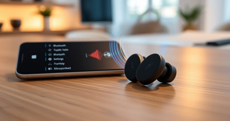 A close-up view of sleek true wireless earbuds resting on a modern wooden surface, with vibrant soundwaves visually emanating from them, surrounded by a minimalist smartphone displaying the Bluetooth settings, soft ambient lighting creating a tech-savvy atmosphere, and hints of a cozy workspace in the background, emphasizing ease and connectivity.