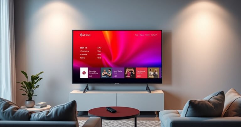 A sleek LG Smart TV displayed in a modern living room, featuring vibrant colors on the screen showing WiFi settings. Soft ambient lighting highlights the TV, while a cozy sofa and a small coffee table with a remote control sit nearby. A potted plant adds a touch of greenery, creating a warm and inviting atmosphere.