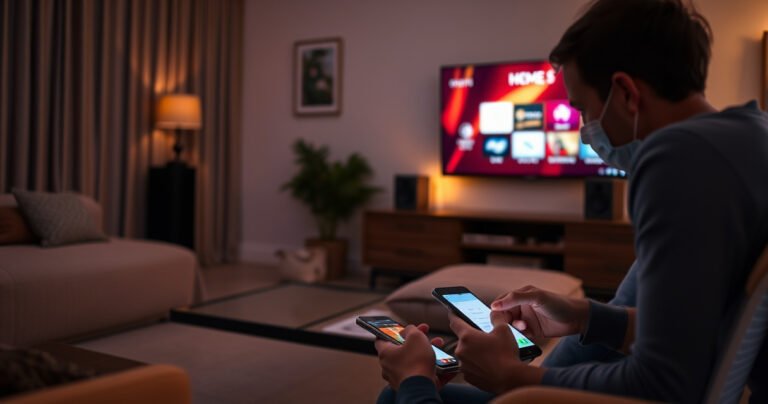 A cozy living room illuminated by soft, warm lighting, featuring a sleek smart TV with a glowing screen displaying a vibrant home menu. Nearby, a coffee table holds a smartphone, hands tapping on a screen, and a person leaning forward in curiosity, surrounded by plush cushions and a neatly arranged entertainment setup.