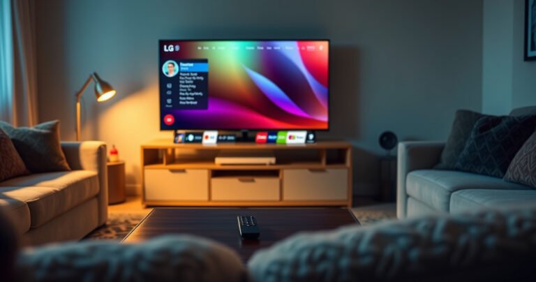 A cozy living room with a sleek LG Smart TV displaying a vibrant home screen, surrounded by plush furniture. A remote control rests on a coffee table, with a subtle glow from the TV illuminating the room. Soft shadows cast by warm lighting, inviting viewers to relax and enjoy their favorite shows without distractions.