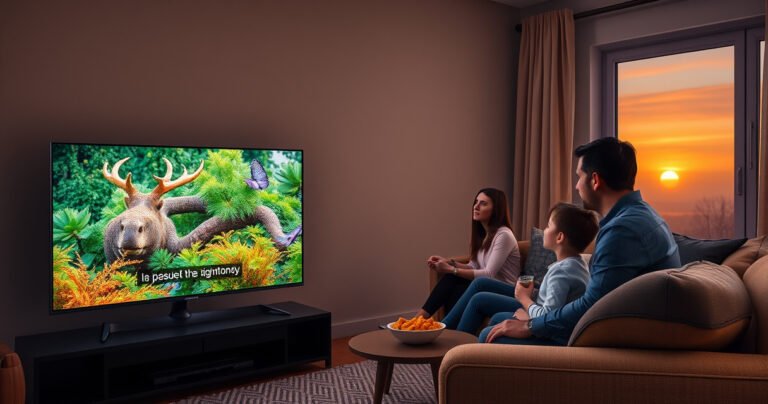 A cozy living room scene featuring a modern Samsung Smart TV displaying a vibrant nature documentary paused on a subtitle screen, while a family gathers on a plush sofa, looking puzzled. Soft ambient lighting highlights the sleek design of the TV, with a side table holding snacks, and a window showing a sunset outside.