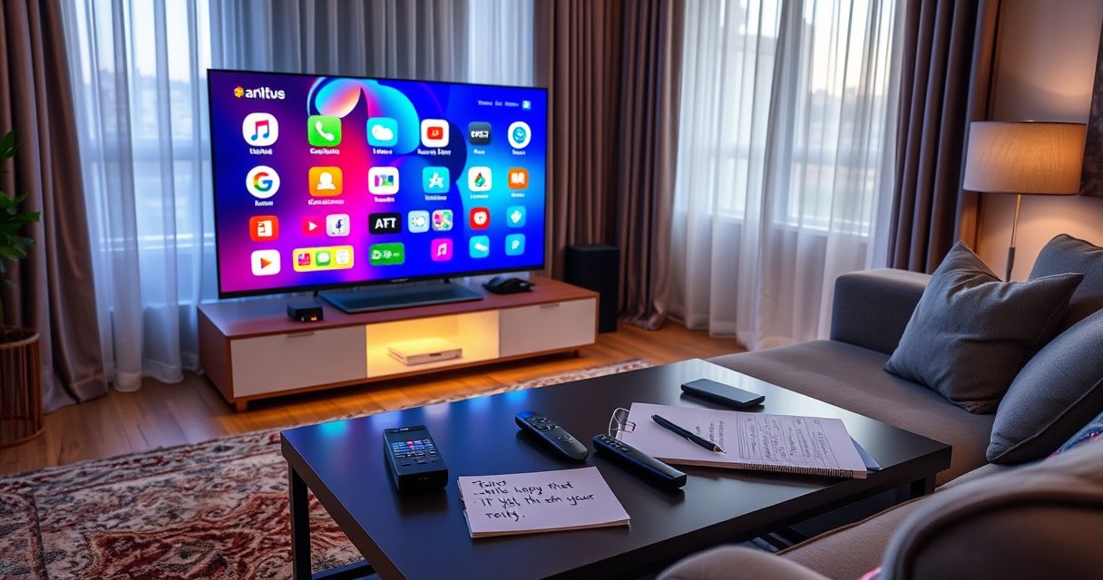 A cozy living room featuring a traditional TV transformed into a vibrant smart TV, glowing with colorful app icons. Soft light filters through curtains, illuminating a sleek coffee table with tech gadgets, a remote control, and a notepad with handwritten tips. A comfortable sofa invites viewers to relax while exploring modern technology.