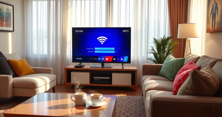 An inviting living room with a sleek LG Smart TV displaying a vibrant WiFi setup screen, a cozy couch adorned with colorful cushions, a coffee table with a steaming cup of coffee, and soft sunlight filtering through sheer curtains, creating a warm and tech-friendly atmosphere for a seamless entertainment experience.