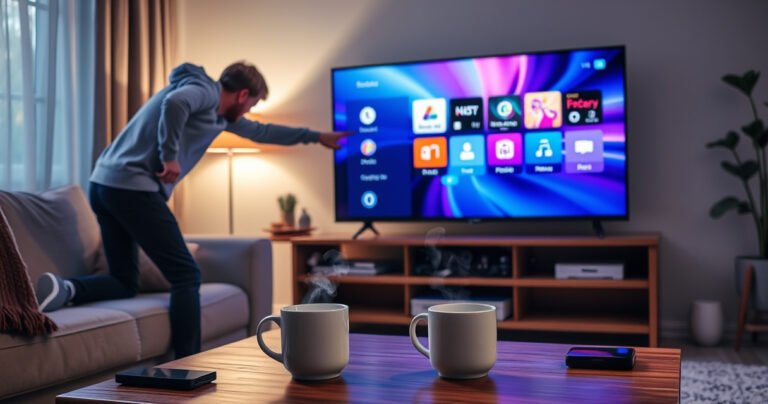 A cozy living room scene with a sleek smart TV displaying a vibrant user interface. A person casually leans over to press the power button on the TV, surrounded by soft lighting and a plush sofa. A coffee table is adorned with a steaming mug and a few scattered tech gadgets, creating a warm, inviting atmosphere.