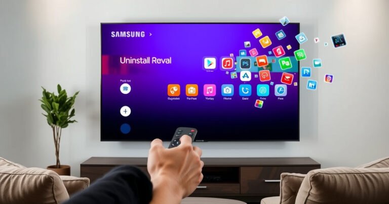 A sleek Samsung Smart TV on a minimalist living room wall, displaying a vibrant app interface being uninstalled. Surrounding the TV, cozy furniture with soft lighting enhances the tech-savvy ambiance. A hand reaches towards the remote, emphasizing user interaction, while colorful app icons fade away in a dynamic motion, symbolizing the uninstalling process.
