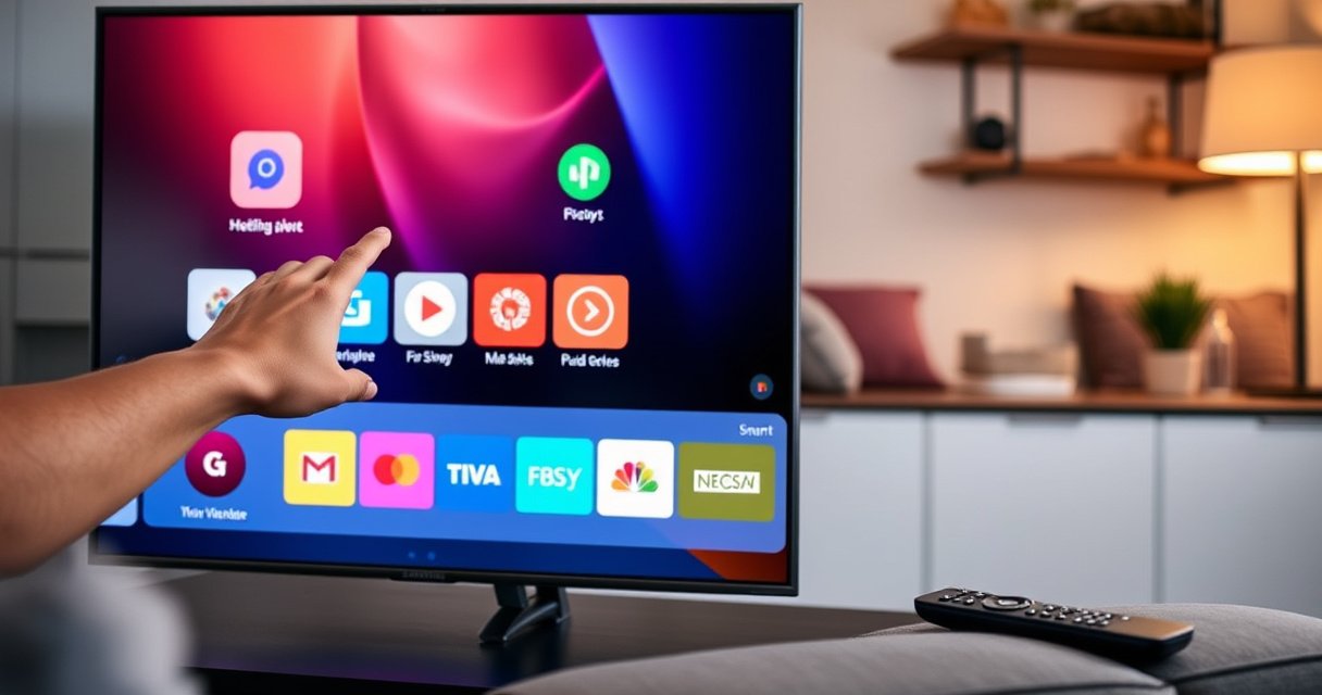 A Samsung Smart TV displaying a sleek, modern interface with vibrant app icons on the screen, a hand gently navigating the touchscreen, a cozy living room in the background, warm lighting, and a subtle hint of technology with a remote control resting nearby, evoking a sense of ease and simplicity in managing digital content.